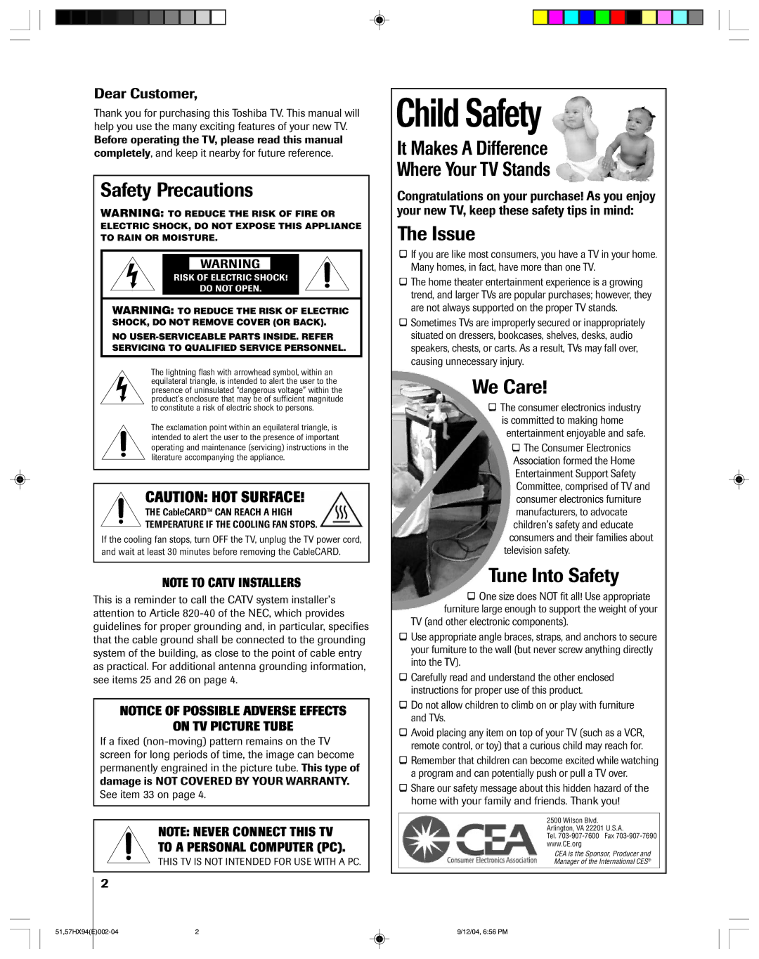 Toshiba 51HX94 Safety Precautions, It Makes a Difference Where Your TV Stands, Issue, We Care, Tune Into Safety 