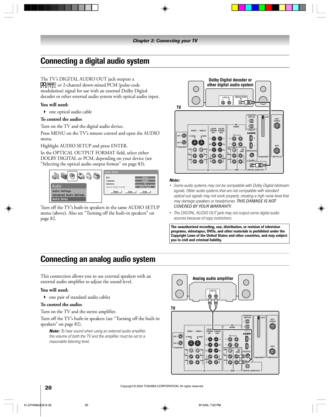 Toshiba 51HX94 owner manual Connecting a digital audio system, Connecting an analog audio system, One optical audio cable 