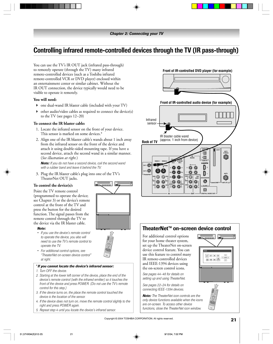 Toshiba 51HX94 owner manual TheaterNet on-screen device control, To connect the IR blaster cable, To control the devices 