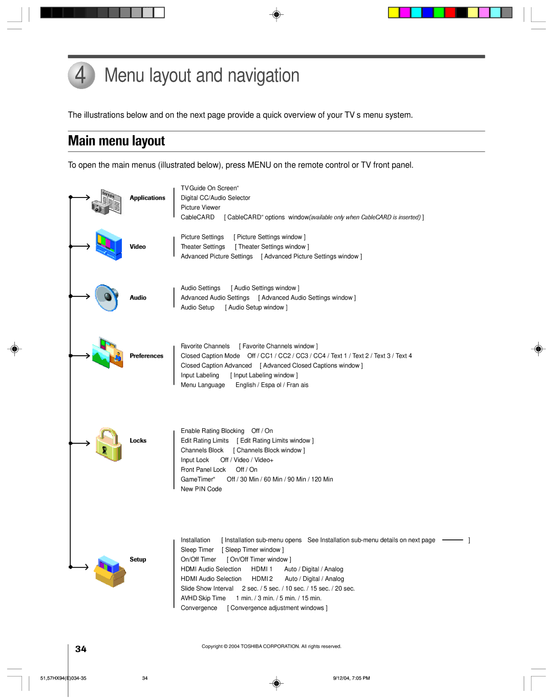 Toshiba 51HX94 owner manual Menu layout and navigation, Main menu layout 