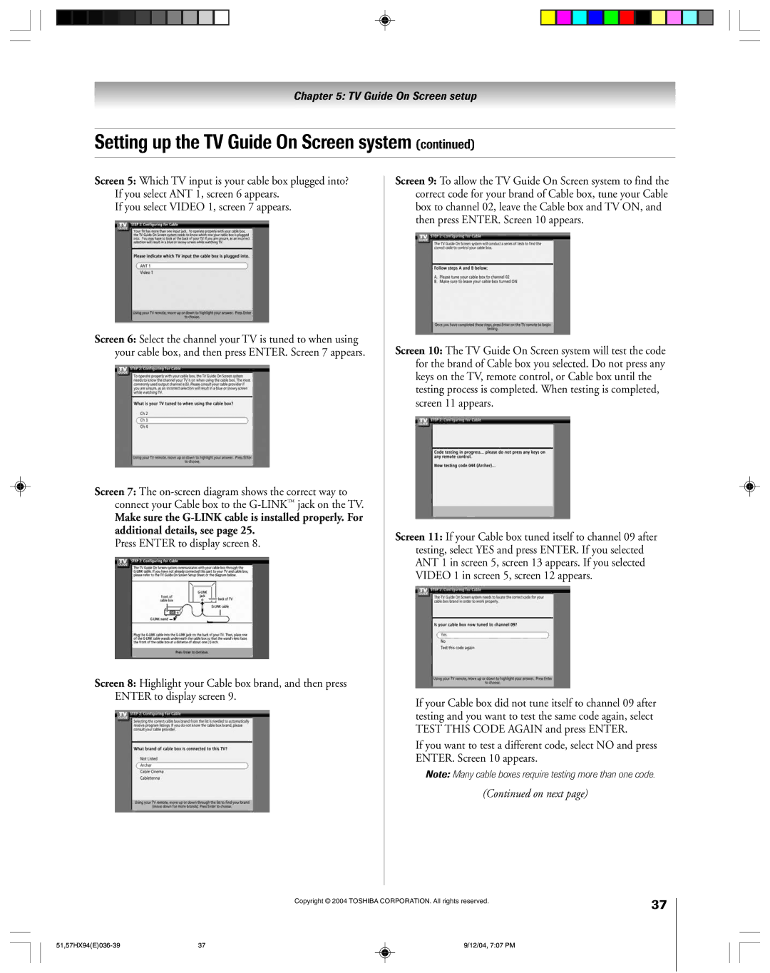 Toshiba 51HX94 owner manual Setting up the TV Guide On Screen system, On next 