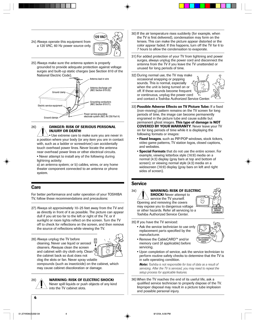 Toshiba 51HX94 owner manual Care 