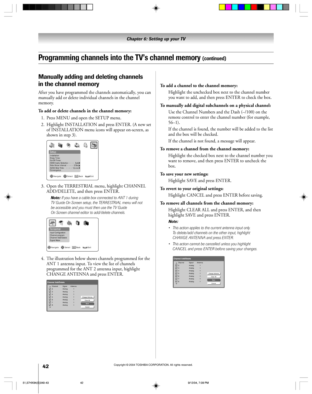 Toshiba 51HX94 owner manual Manually adding and deleting channels in the channel memory 