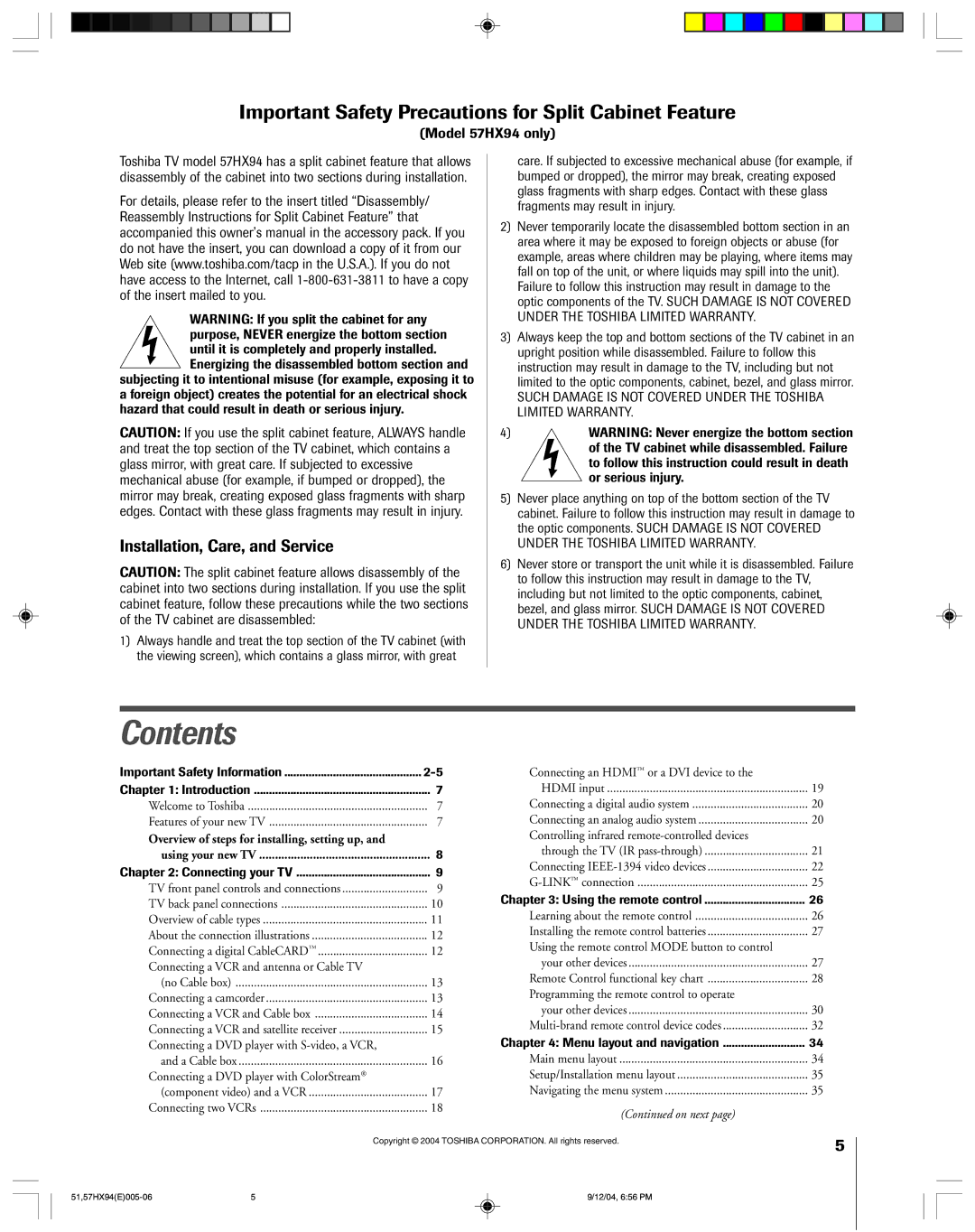 Toshiba 51HX94 owner manual Contents 