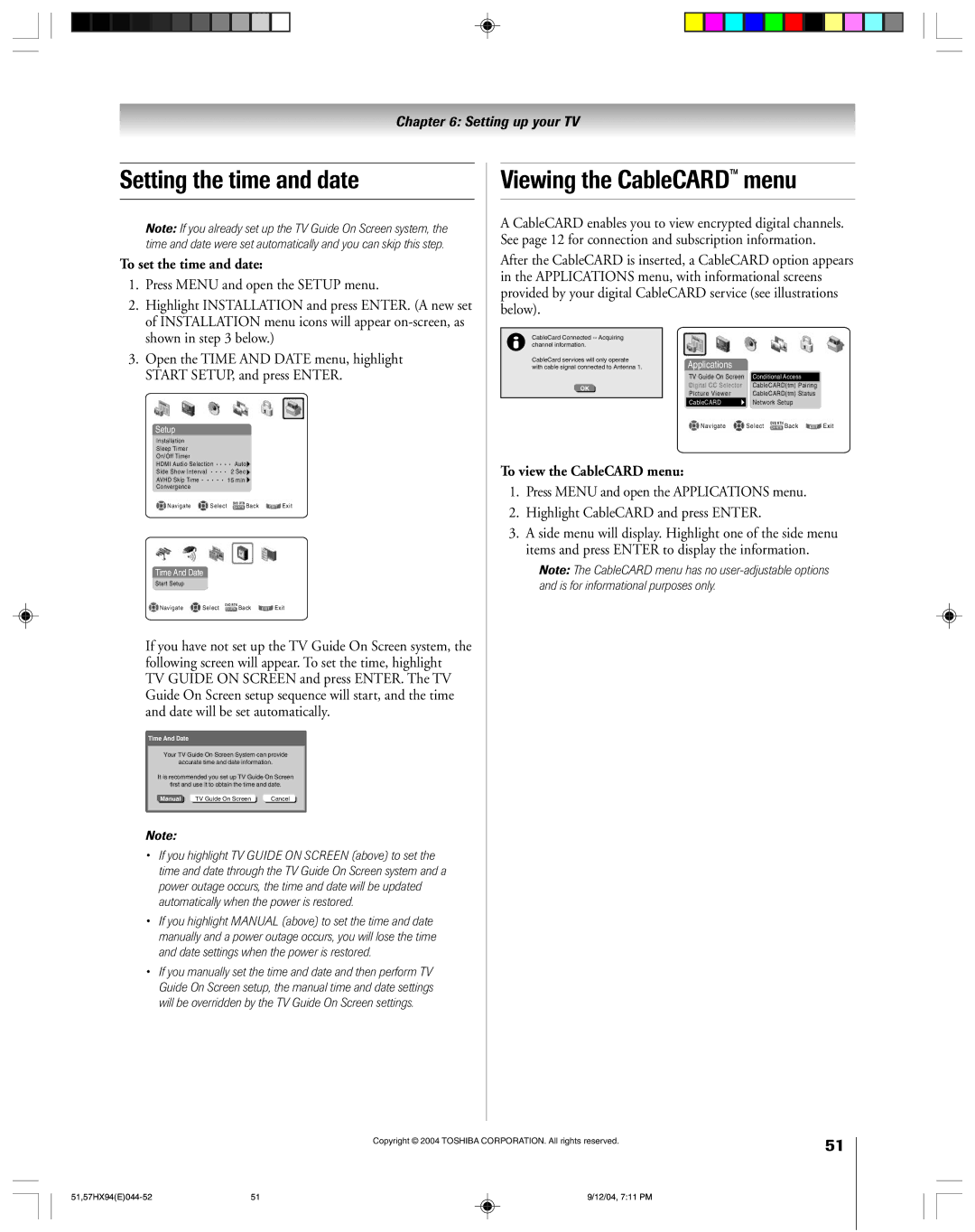 Toshiba 51HX94 Setting the time and date, Viewing the CableCARD menu, To set the time and date, To view the CableCARD menu 