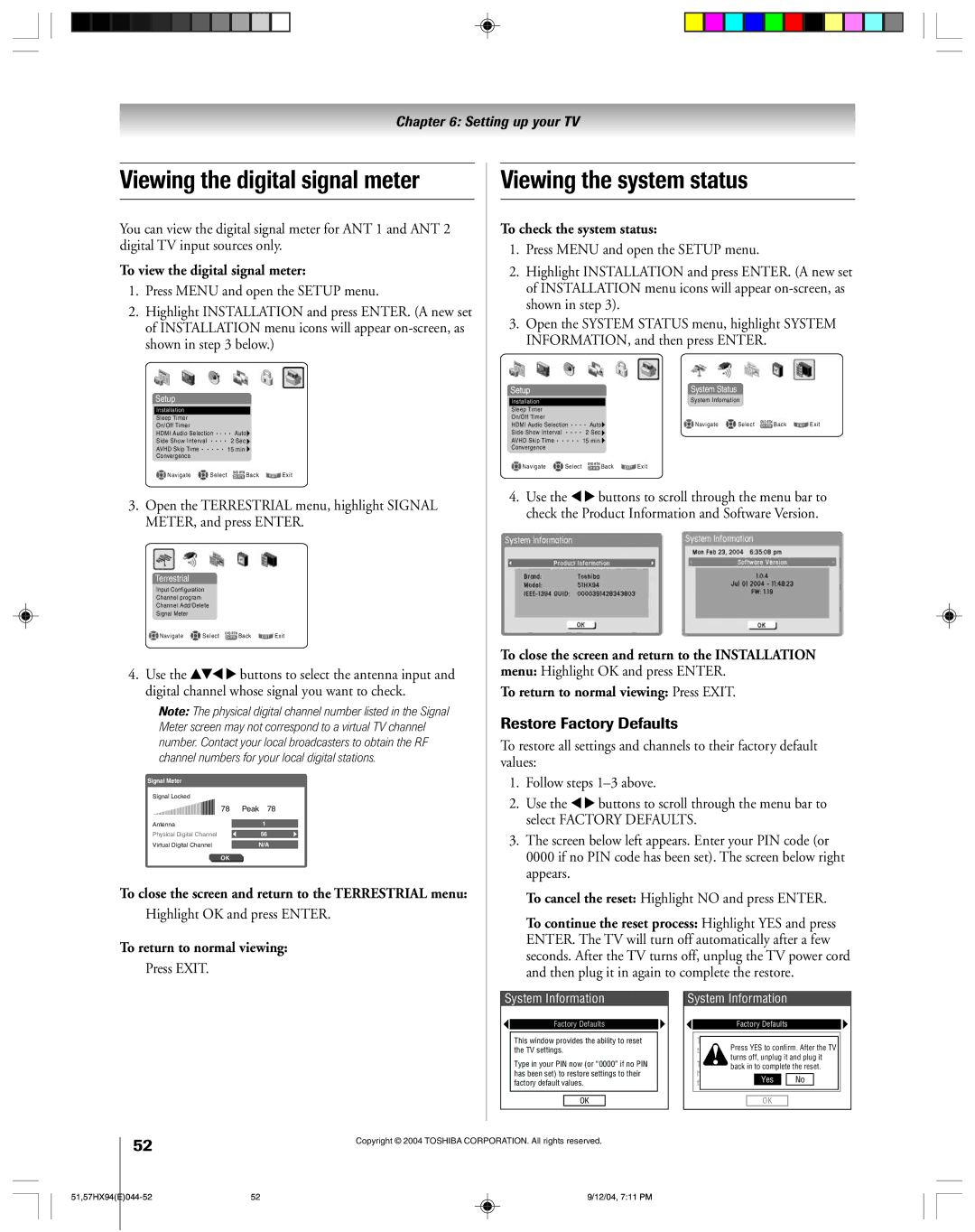 Toshiba 51HX94 owner manual Viewing the digital signal meter, Viewing the system status 