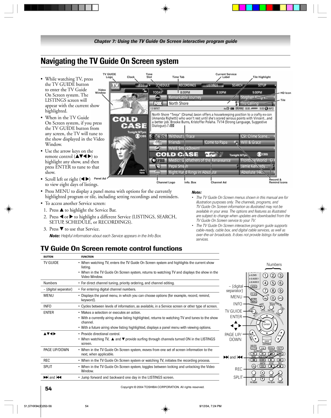 Toshiba 51HX94 owner manual Navigating the TV Guide On Screen system, TV Guide On Screen remote control functions 