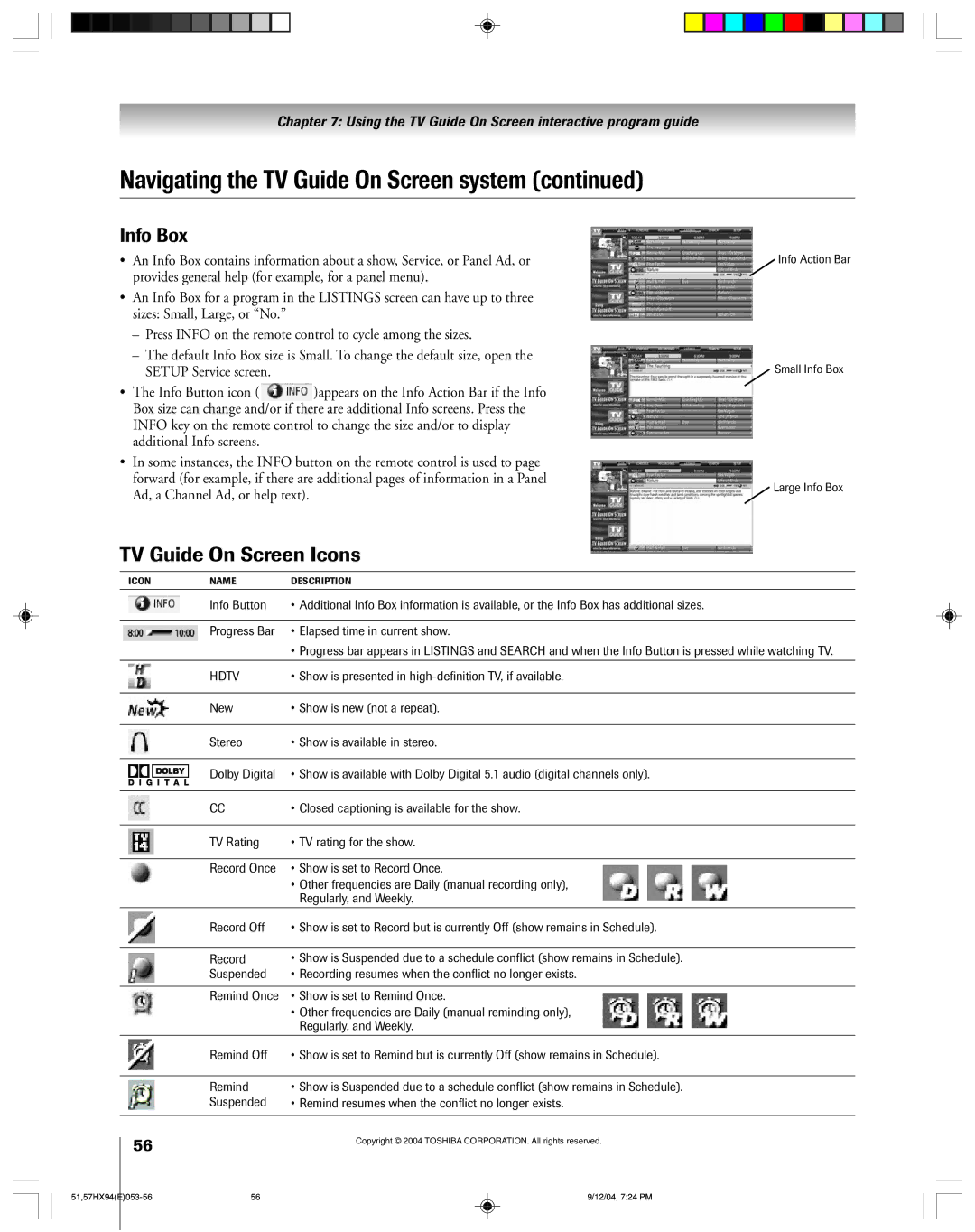 Toshiba 51HX94 owner manual Info Box, TV Guide On Screen Icons 