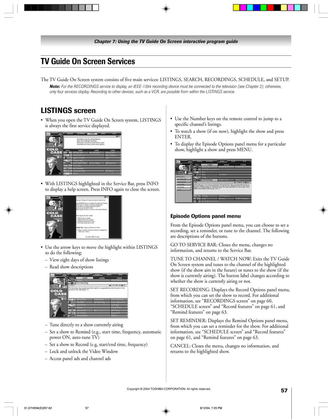 Toshiba 51HX94 owner manual TV Guide On Screen Services, Listings screen 