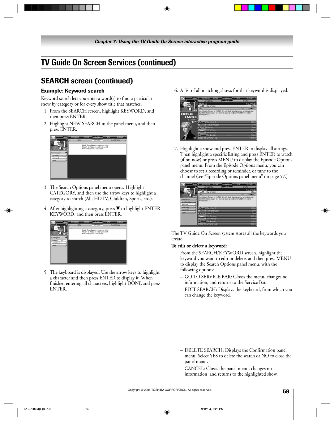 Toshiba 51HX94 owner manual List of all matching shows for that keyword is displayed, To edit or delete a keyword 