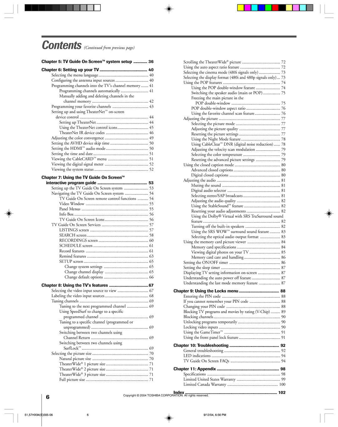 Toshiba 51HX94 owner manual 102 