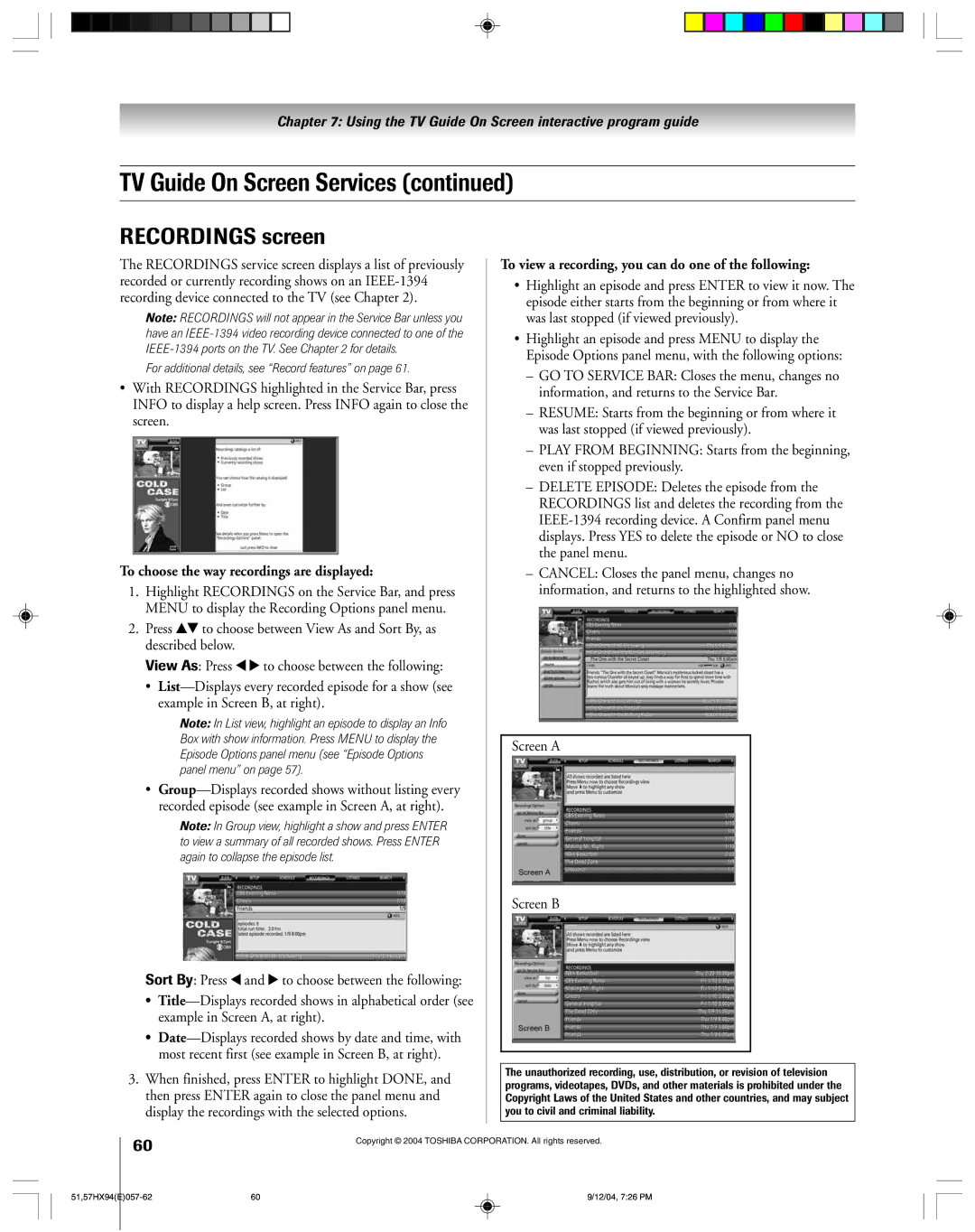 Toshiba 51HX94 owner manual Recordings screen, To choose the way recordings are displayed, Screen a Screen B 