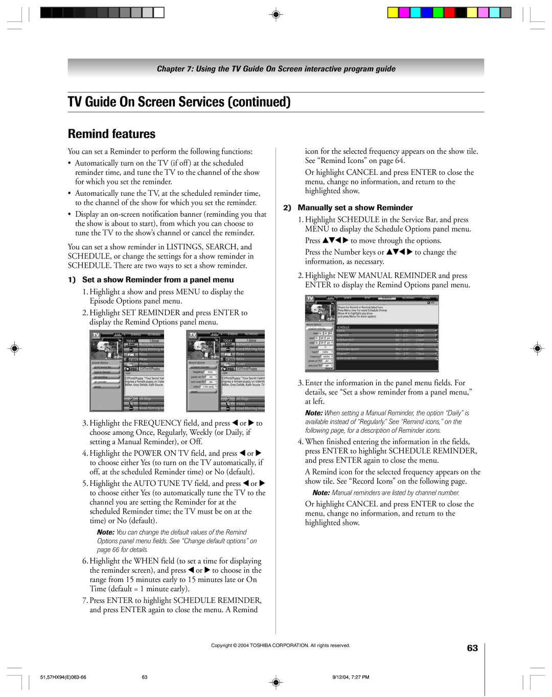 Toshiba 51HX94 owner manual Remind features, Set a show Reminder from a panel menu, Manually set a show Reminder 