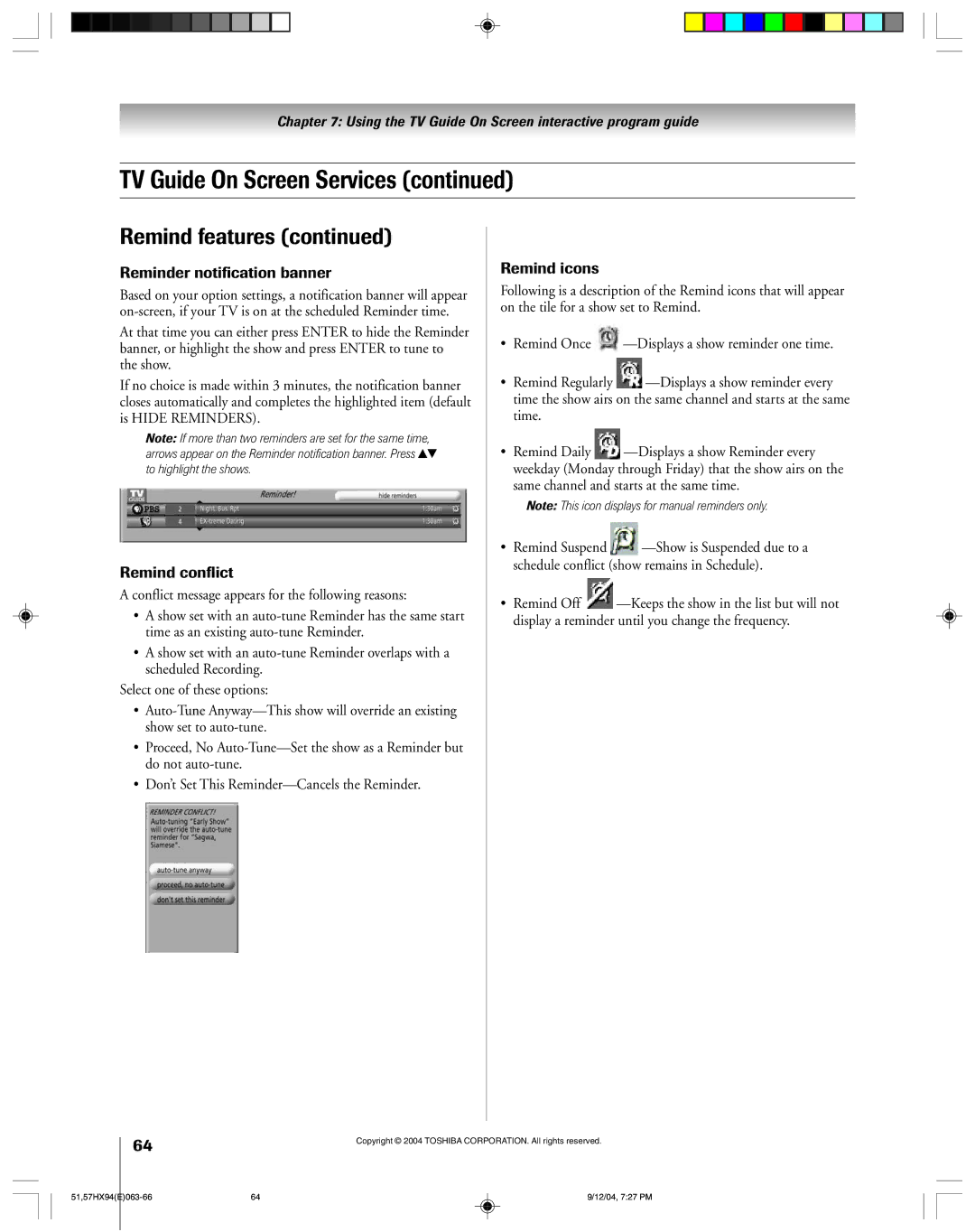 Toshiba 51HX94 owner manual Reminder notification banner 