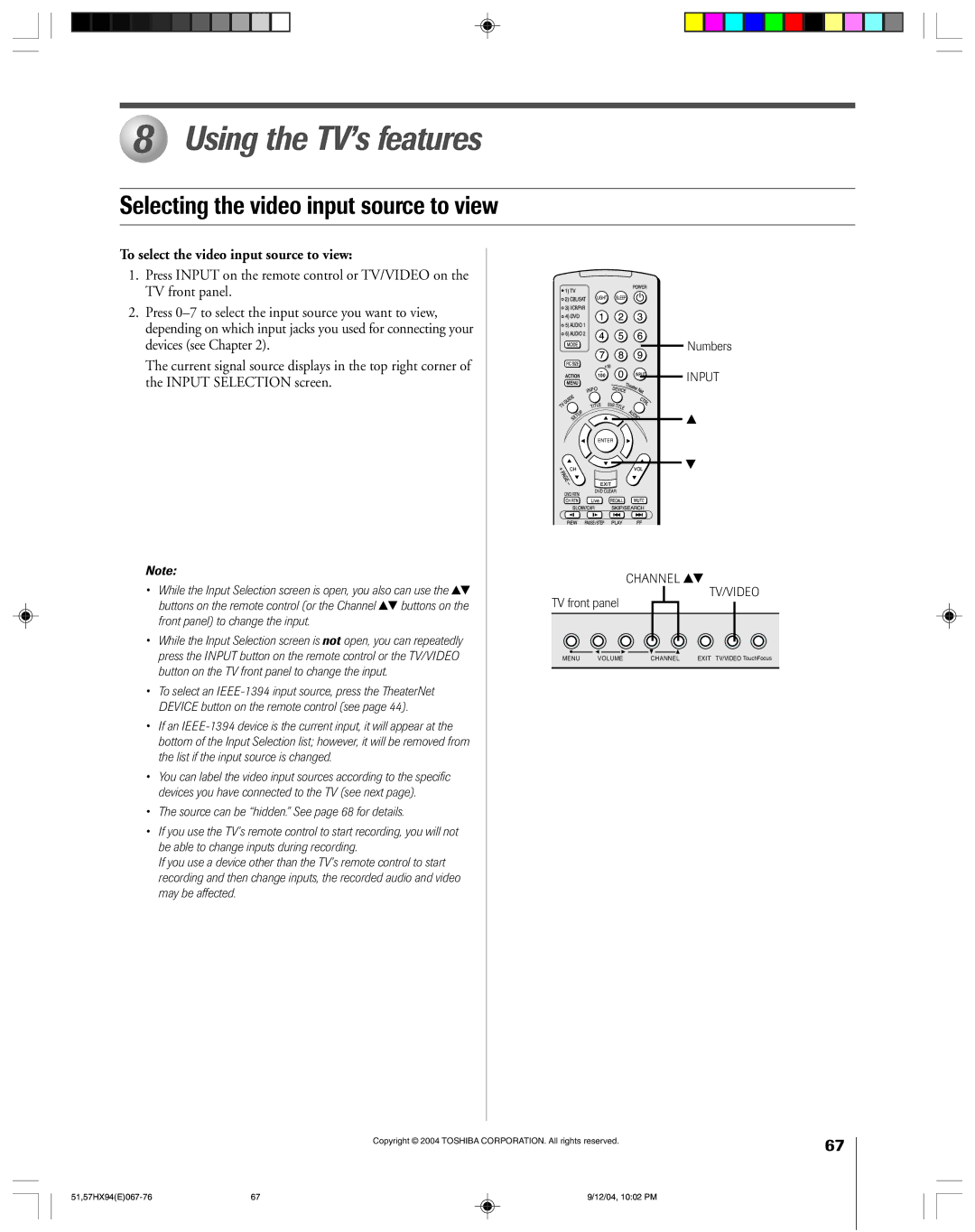 Toshiba 51HX94 Using the TV’s features, Selecting the video input source to view, To select the video input source to view 