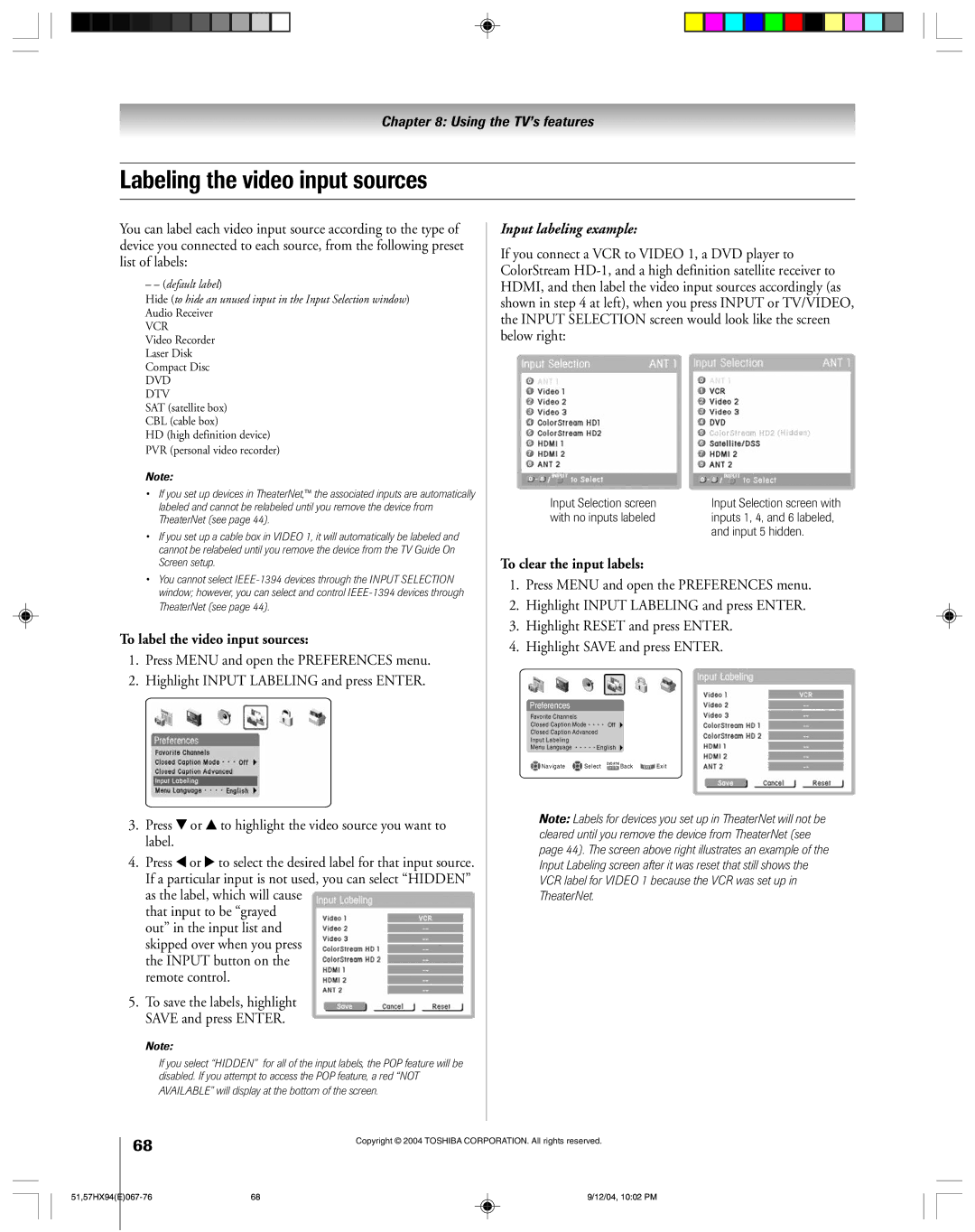 Toshiba 51HX94 owner manual Labeling the video input sources, To label the video input sources, To clear the input labels 