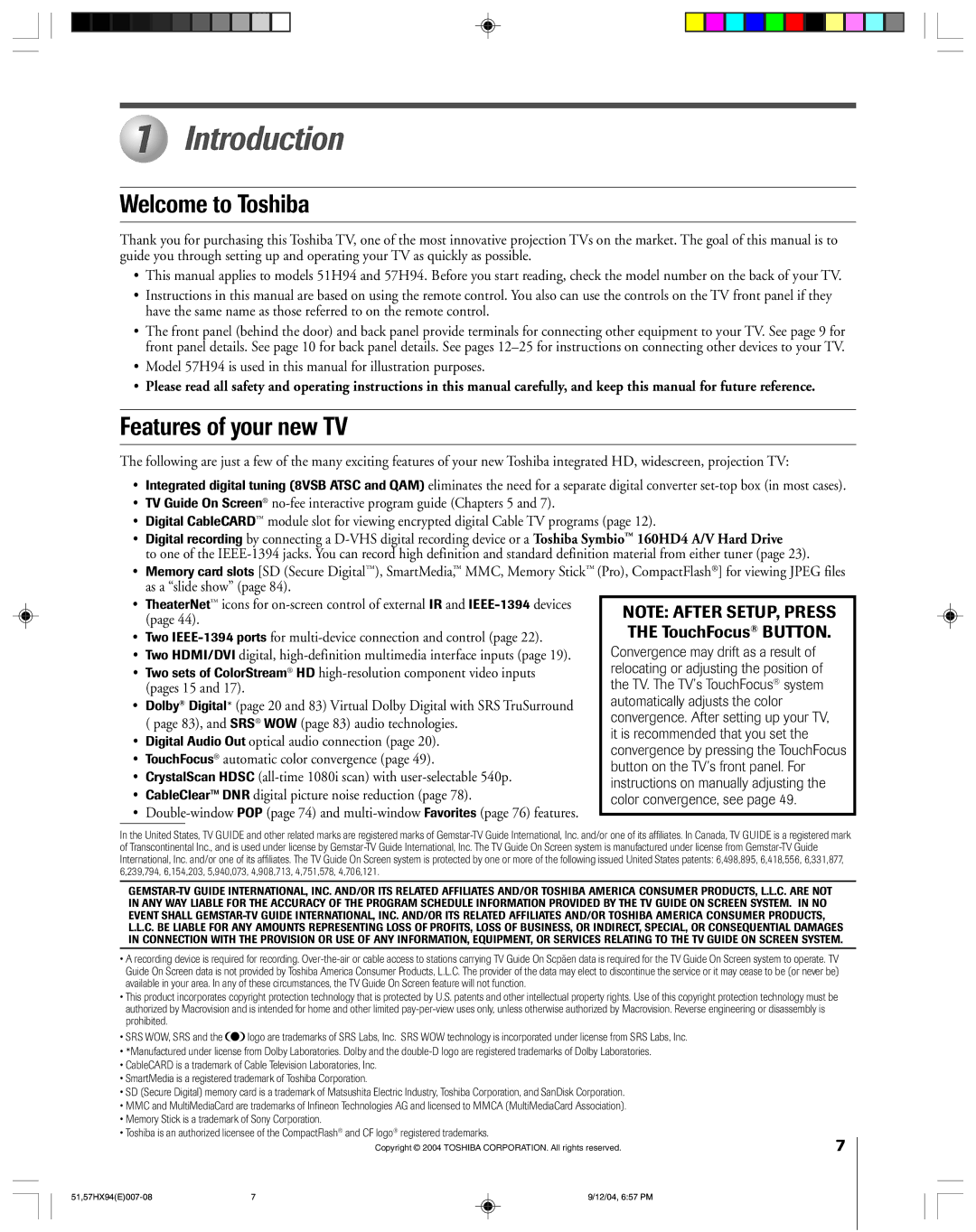 Toshiba 51HX94 owner manual Introduction, Welcome to Toshiba, Features of your new TV 