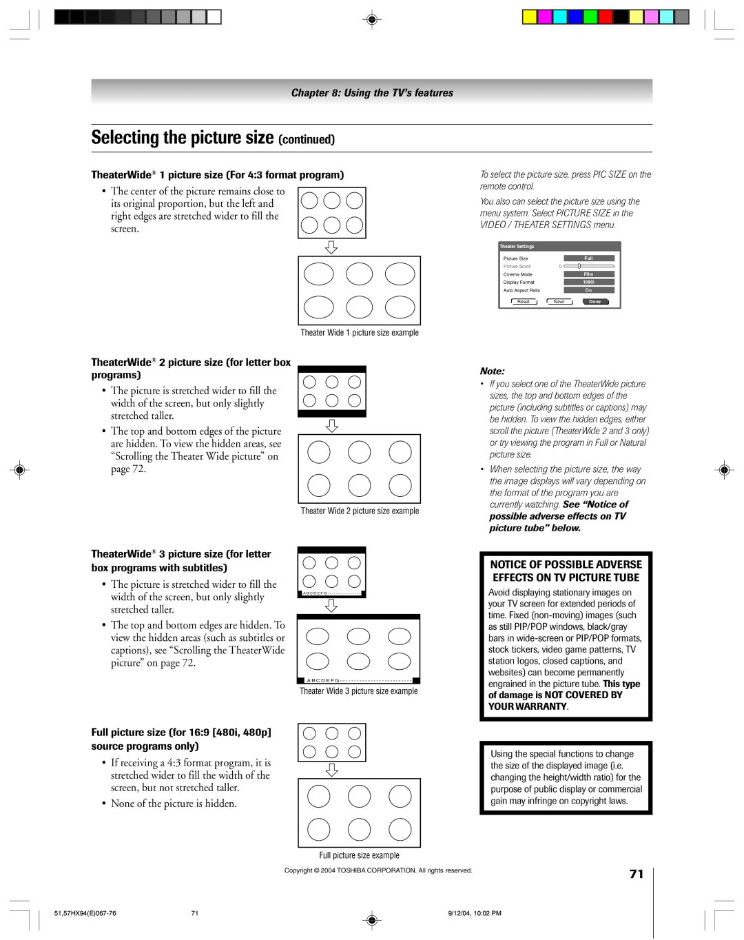 Toshiba 51HX94 owner manual ¥ None of the picture is hidden, TheaterWide 1 picture size For 43 format program 