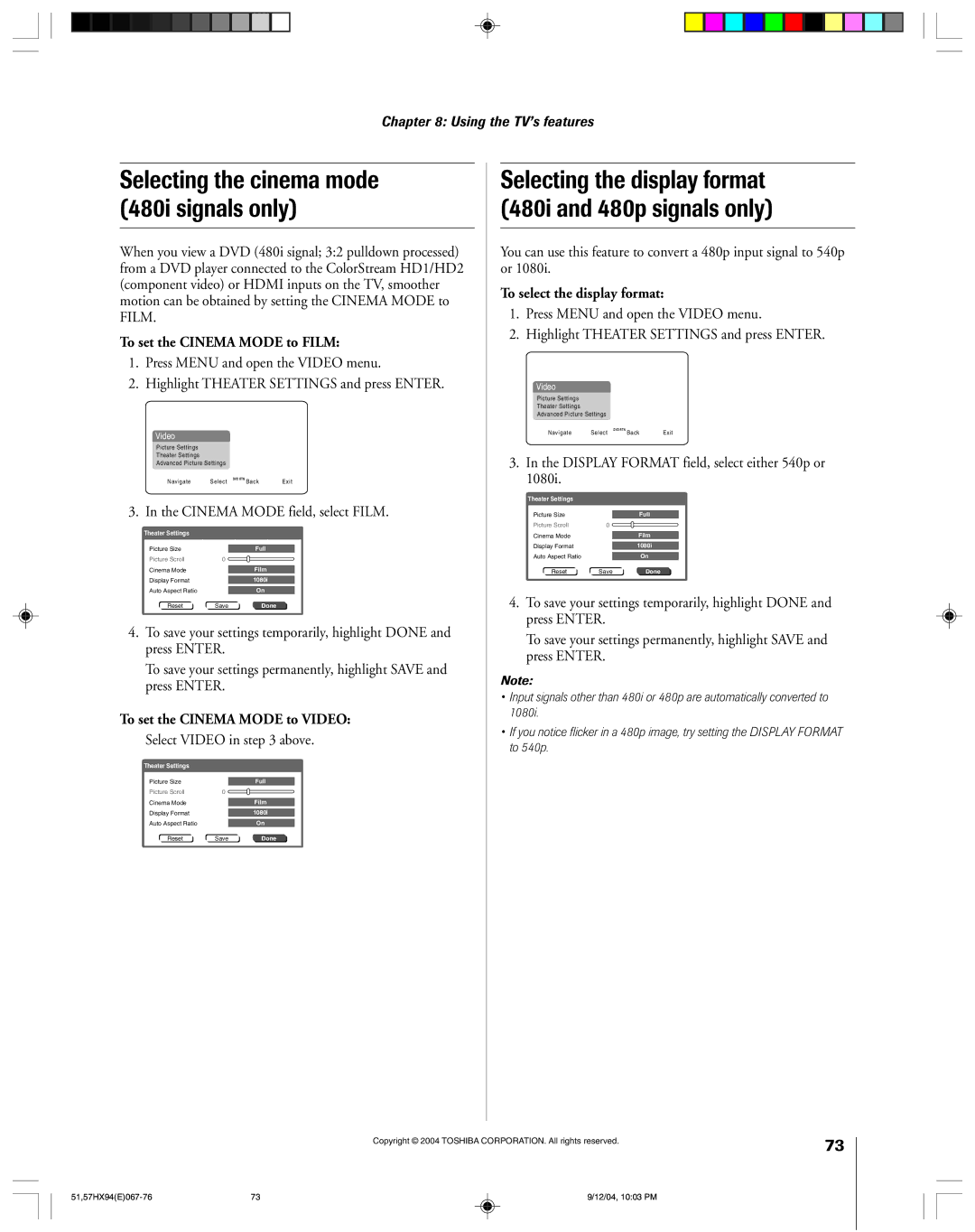 Toshiba 51HX94 owner manual Selecting the display format 480i and 480p signals only, To set the Cinema Mode to Film 