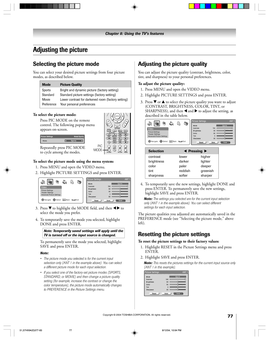 Toshiba 51HX94 owner manual Selecting the picture mode, Adjusting the picture quality, Resetting the picture settings 