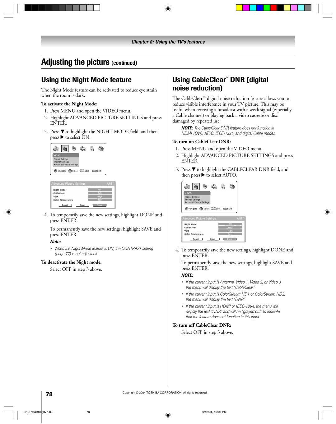 Toshiba 51HX94 owner manual Using the Night Mode feature, Using CableClear DNR digital noise reduction 