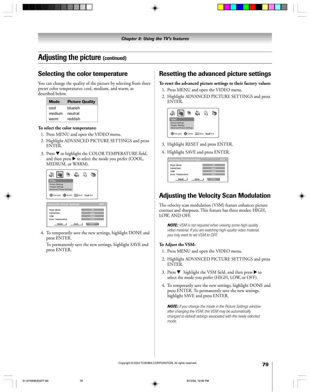 Toshiba 51HX94 Selecting the color temperature, Resetting the advanced picture settings, To select the color temperature 