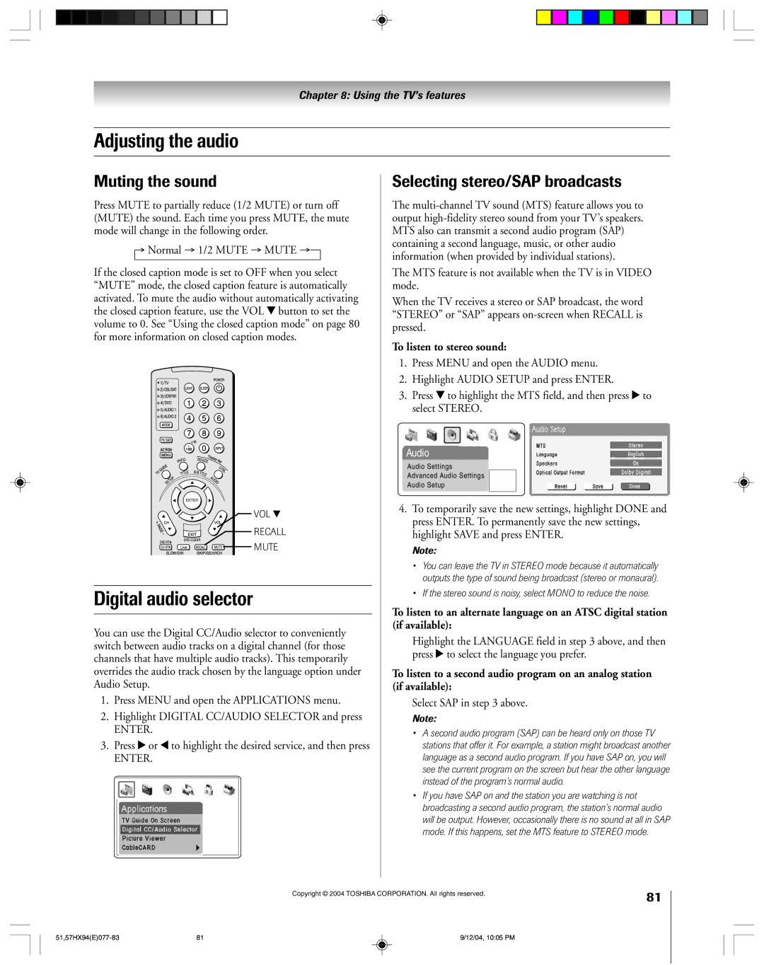 Toshiba 51HX94 owner manual Adjusting the audio, Digital audio selector, Muting the sound, Selecting stereo/SAP broadcasts 