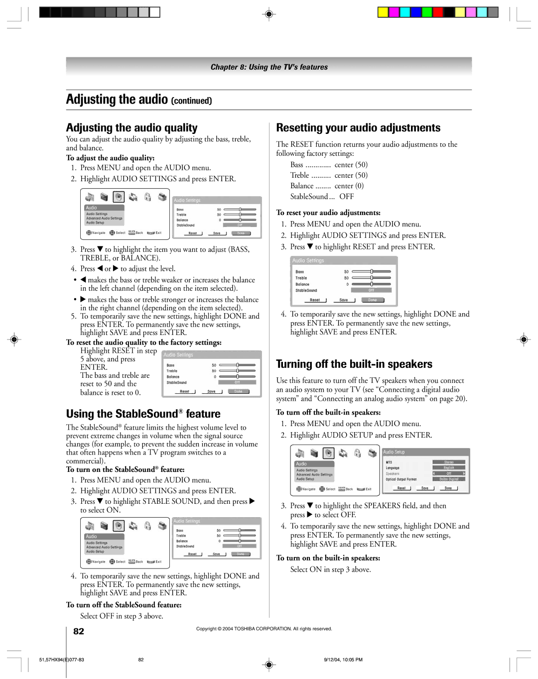 Toshiba 51HX94 owner manual Turning off the built-in speakers, Using the StableSound feature 