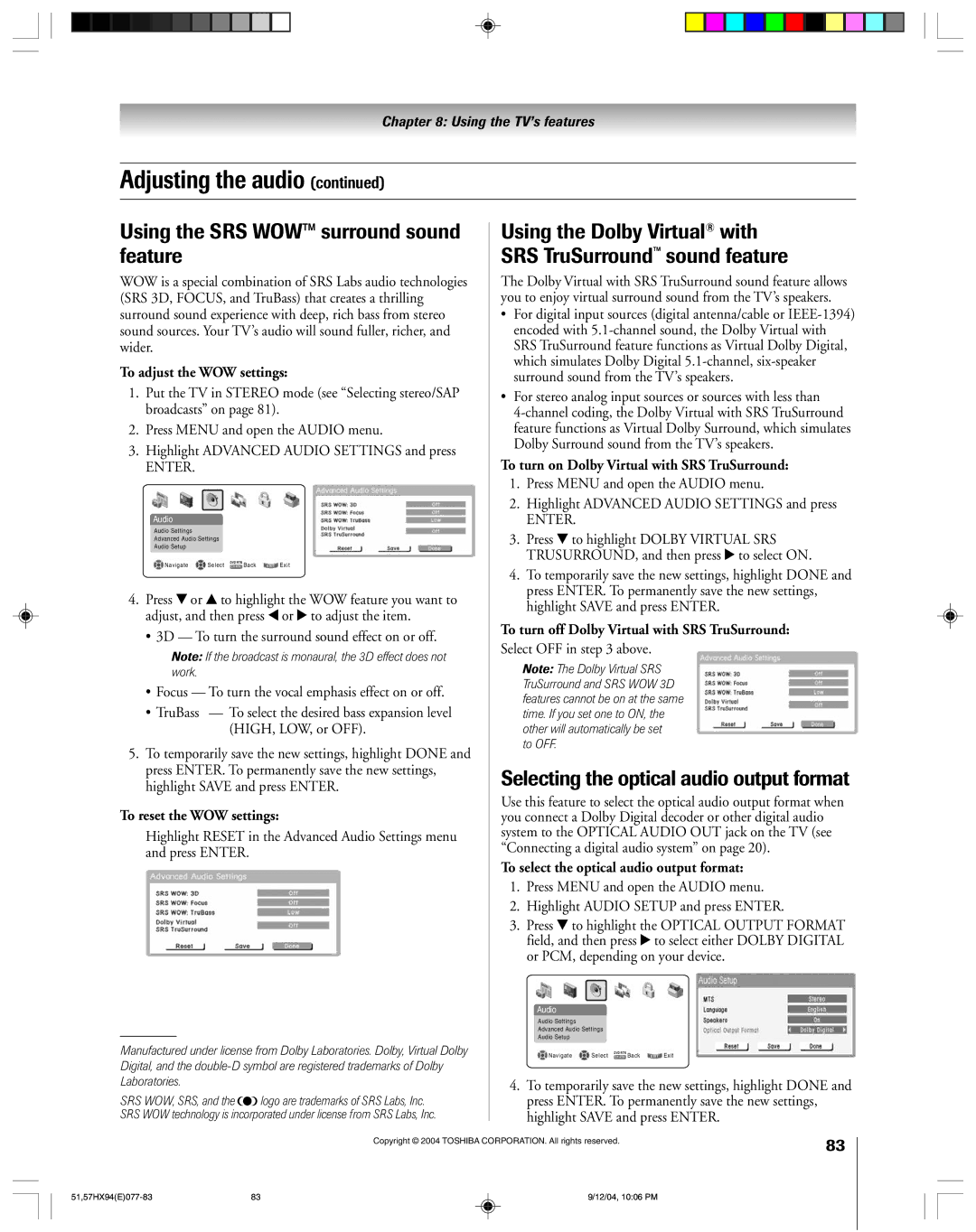 Toshiba 51HX94 owner manual Using the SRS WOW surround sound feature, Selecting the optical audio output format 