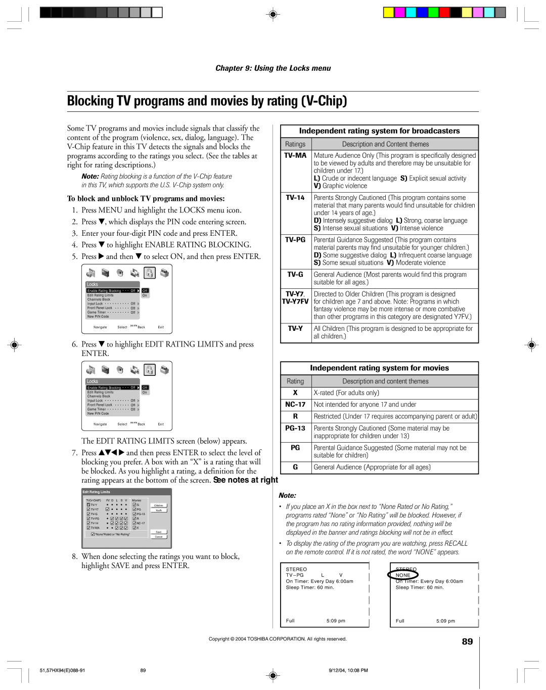 Toshiba 51HX94 owner manual Blocking TV programs and movies by rating V-Chip, To block and unblock TV programs and movies 