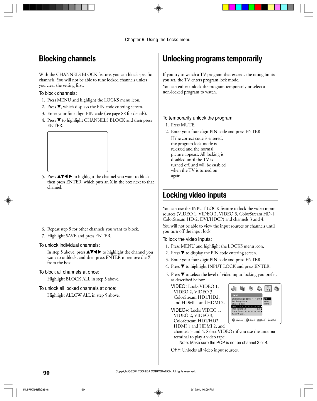 Toshiba 51HX94 owner manual Blocking channels, Unlocking programs temporarily, Locking video inputs 