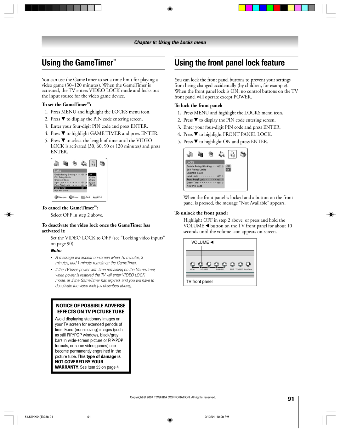 Toshiba 51HX94 owner manual Using the GameTimer, Using the front panel lock feature 