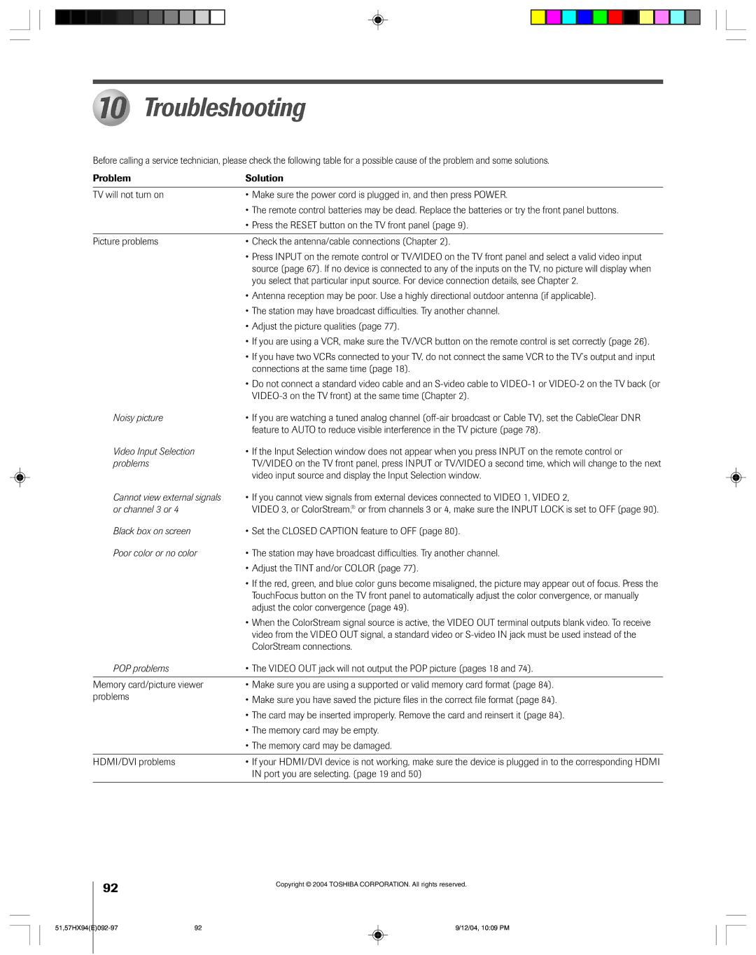 Toshiba 51HX94 owner manual Troubleshooting, ¥ Adjust the picture qualities 