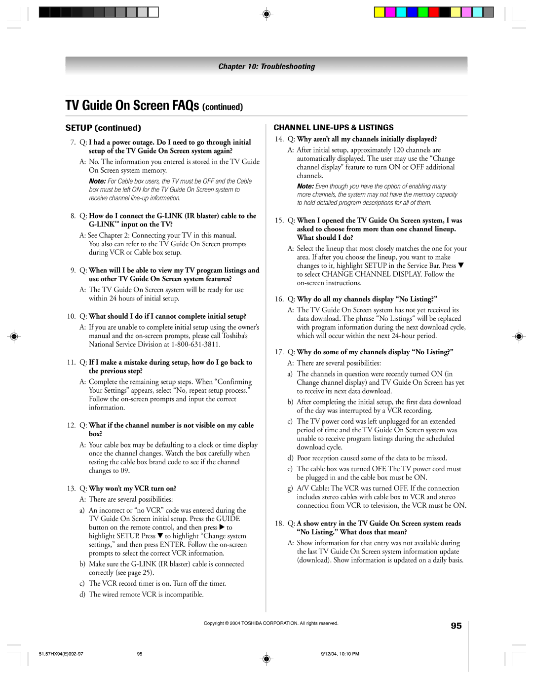 Toshiba 51HX94 owner manual Setup 