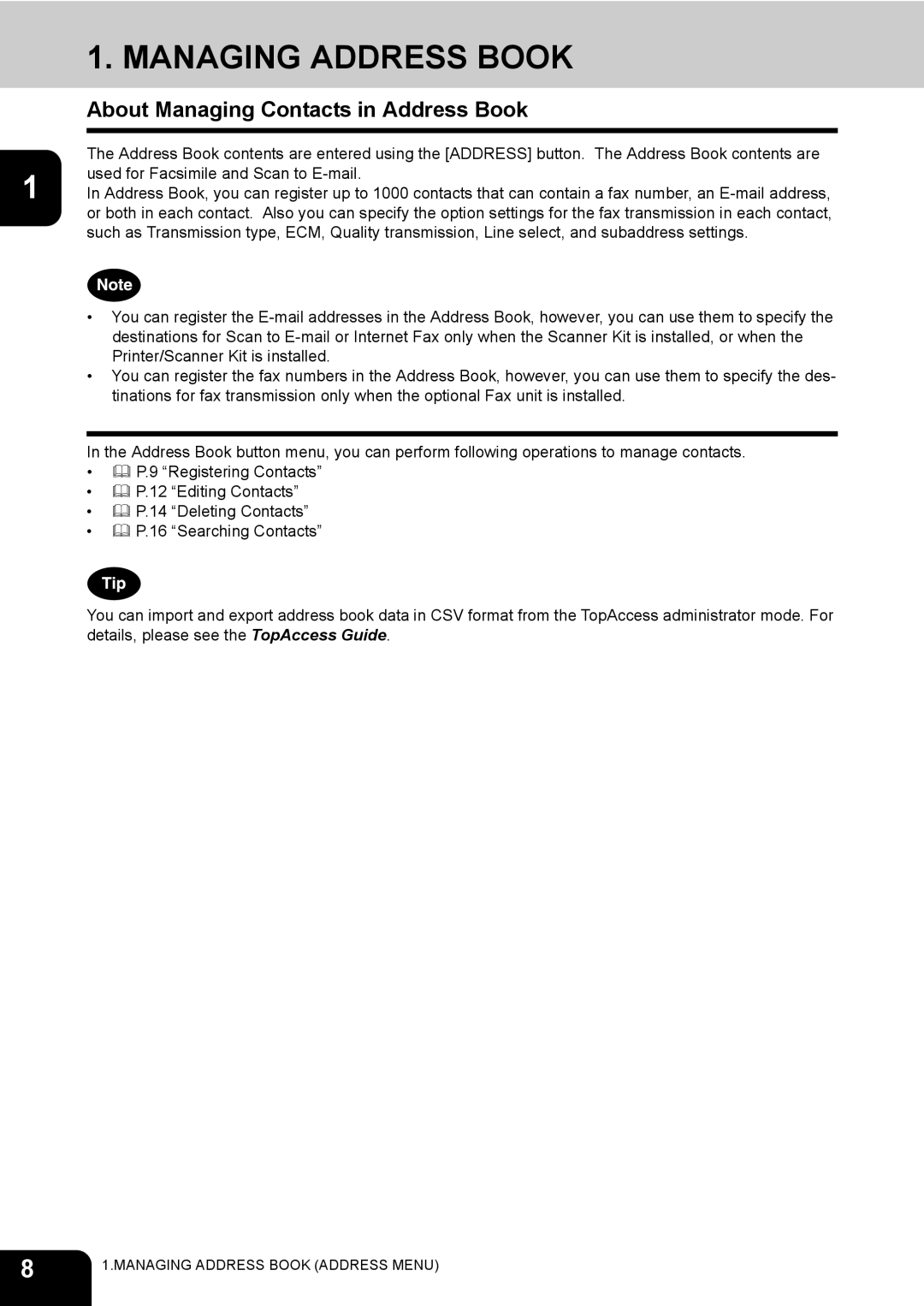 Toshiba 600, 520, 723, 603 manual Managing Address Book, About Managing Contacts in Address Book 