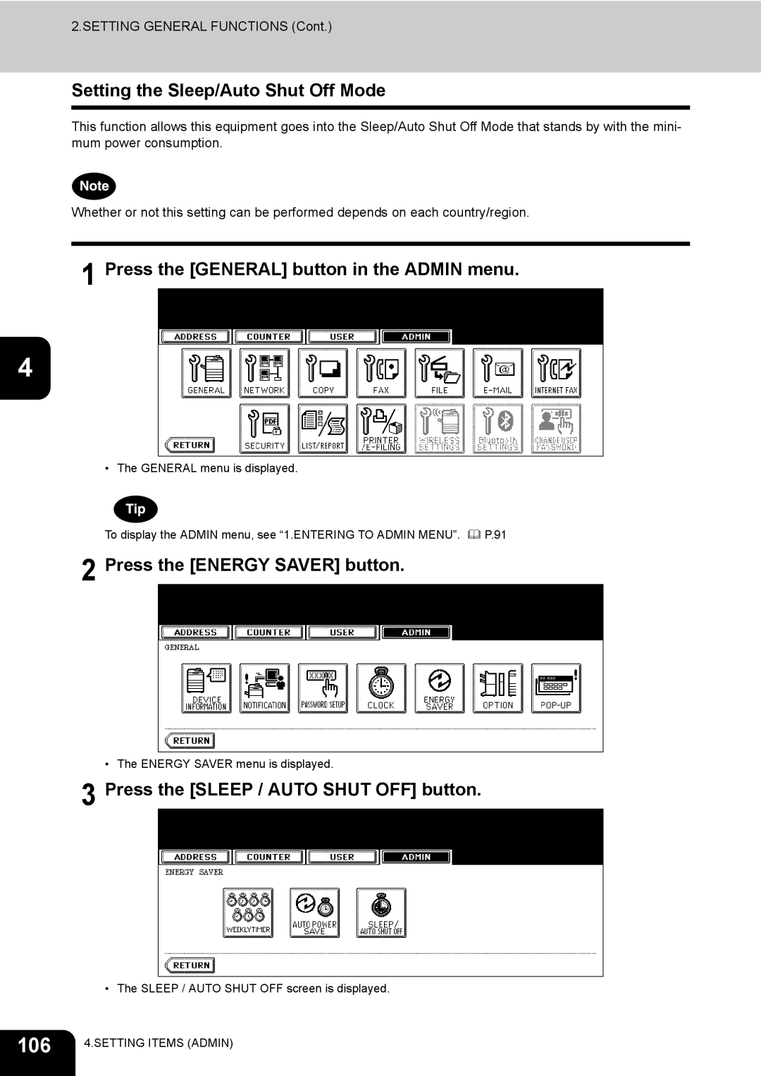 Toshiba 520, 723, 600, 603 manual 106, Setting the Sleep/Auto Shut Off Mode, Press the Sleep / Auto Shut OFF button 