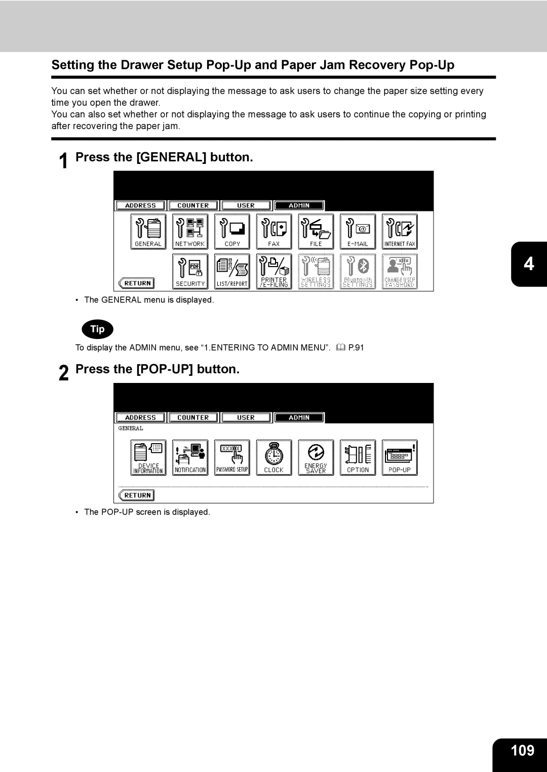 Toshiba 603, 520, 723, 600 manual 109, Press the General button, Press the POP-UP button 