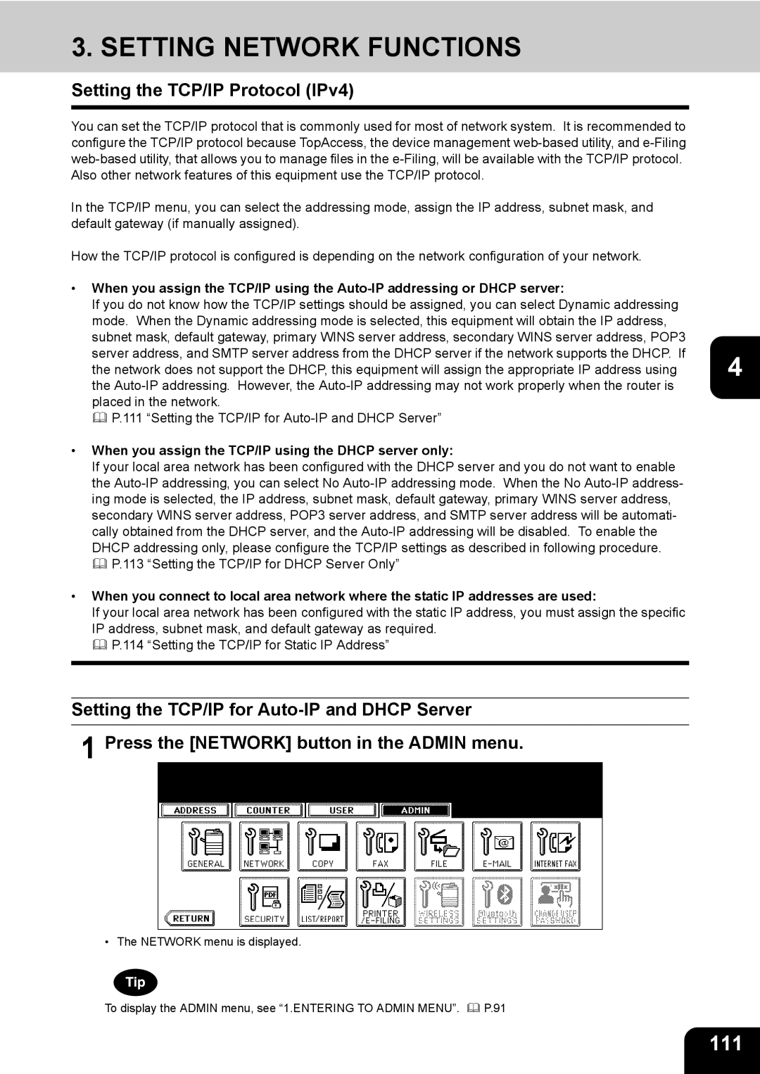 Toshiba 723, 520, 600, 603 manual Setting Network Functions, 111, Setting the TCP/IP Protocol IPv4 