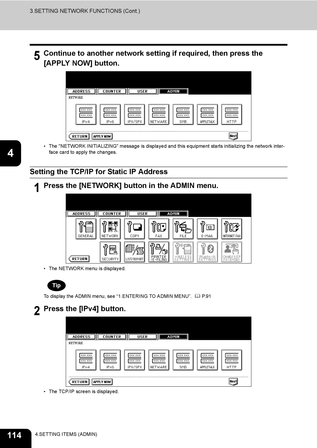 Toshiba 520, 723, 600, 603 manual 114, Setting the TCP/IP for Static IP Address 