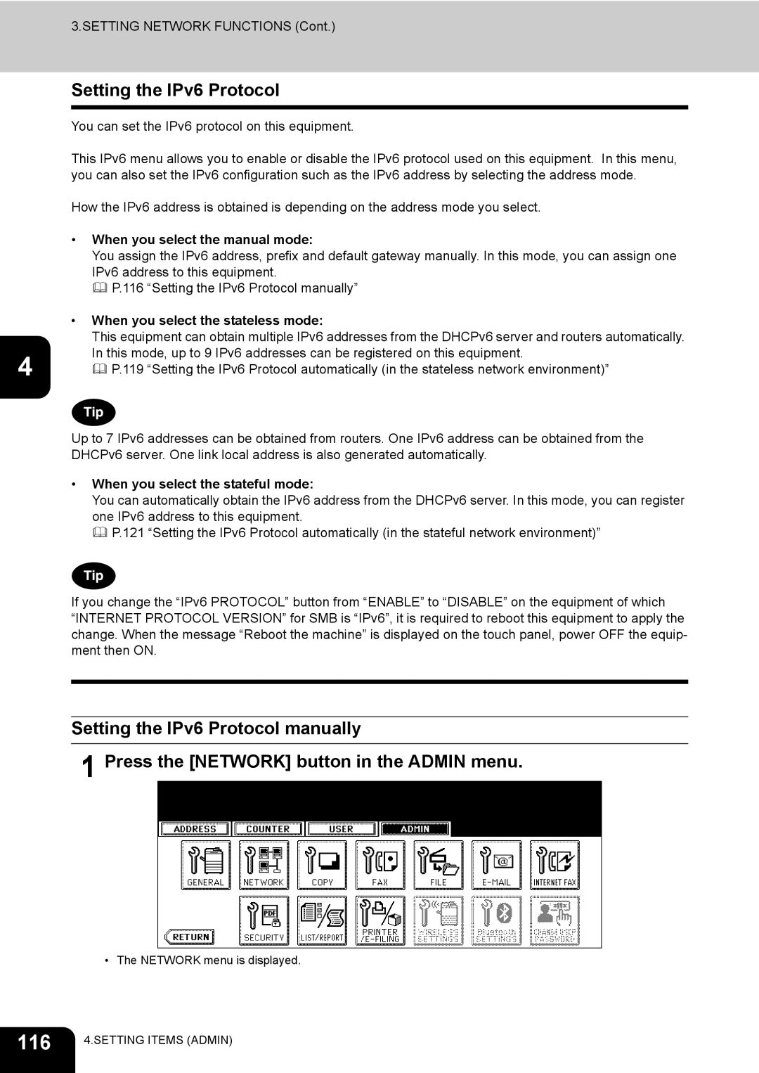 Toshiba 600, 520, 723 116, Setting the IPv6 Protocol, When you select the manual mode, When you select the stateless mode 