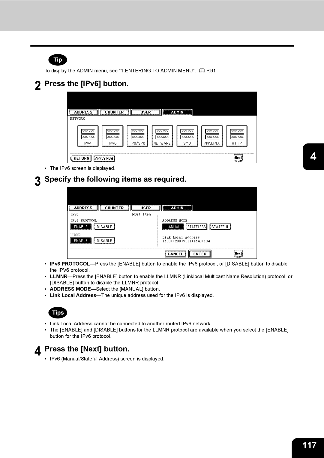 Toshiba 603, 520, 723, 600 manual 117, Press the IPv6 button, Specify the following items as required, Press the Next button 