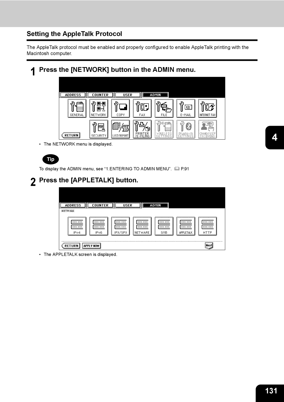 Toshiba 723, 520, 600, 603 manual 131, Setting the AppleTalk Protocol, Press the Appletalk button 