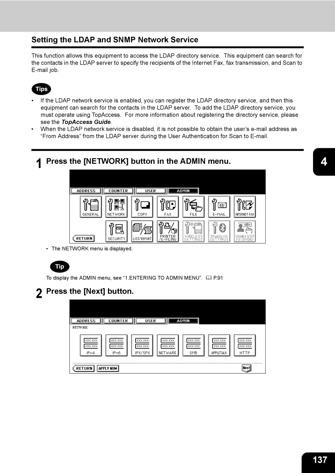 Toshiba 603, 520, 723, 600 manual 137, Setting the Ldap and Snmp Network Service 