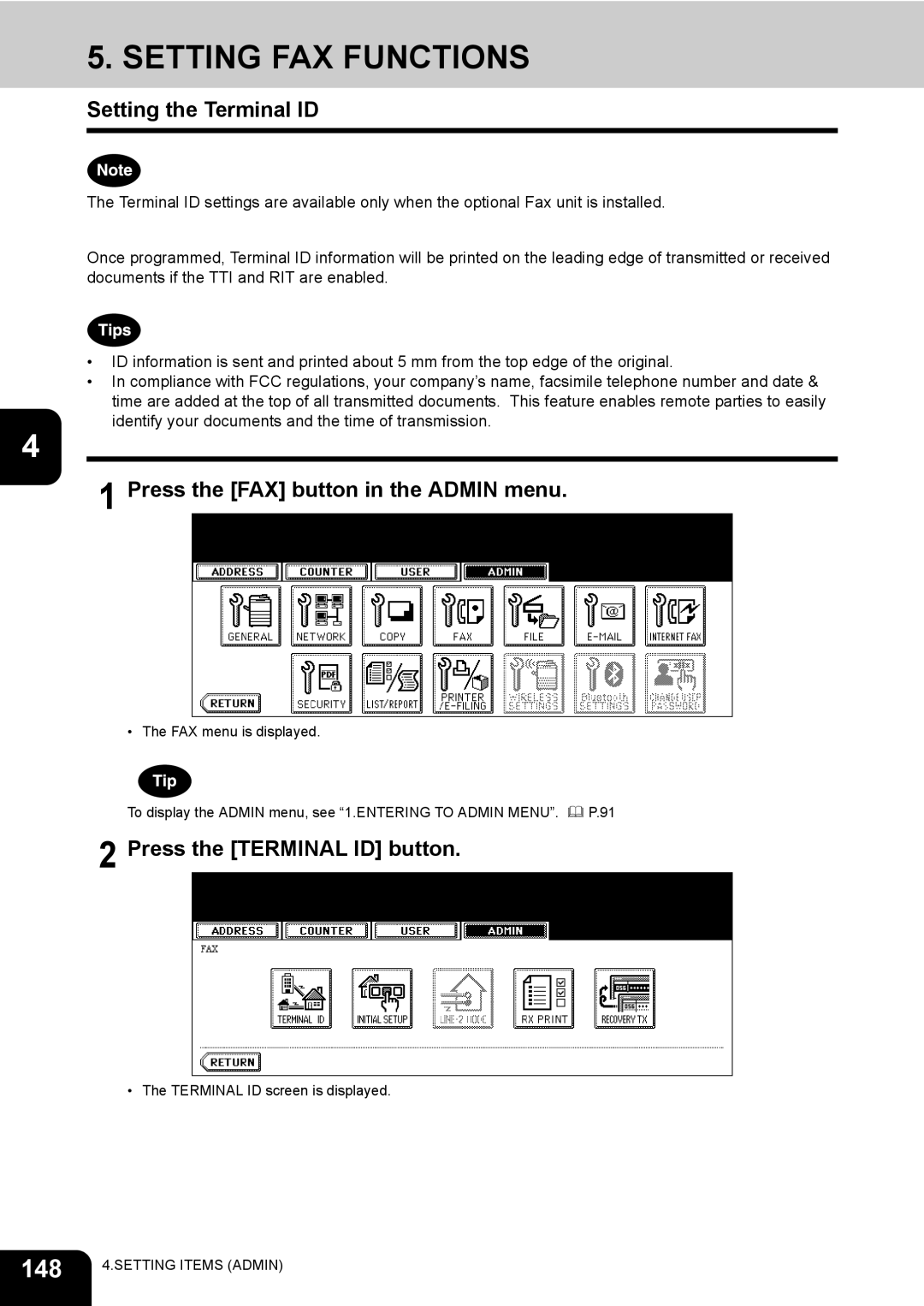 Toshiba 600, 520, 723 148, Setting the Terminal ID, Press the FAX button in the Admin menu, Press the Terminal ID button 