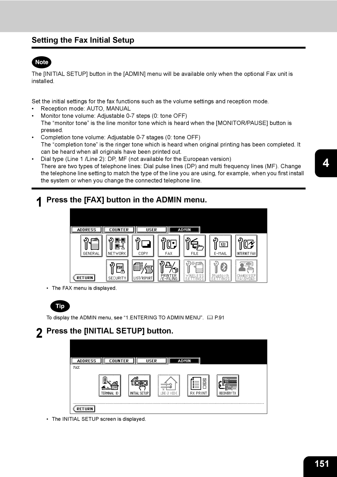 Toshiba 723, 520, 600, 603 manual 151, Setting the Fax Initial Setup, Press the Initial Setup button 