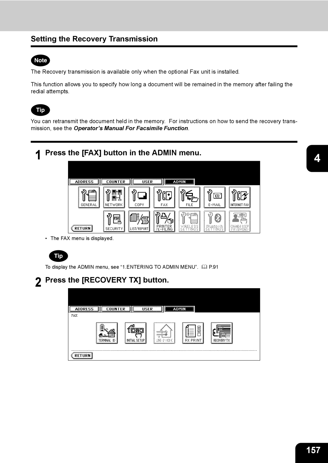 Toshiba 603, 520, 723, 600 manual 157, Setting the Recovery Transmission, Press the Recovery TX button 