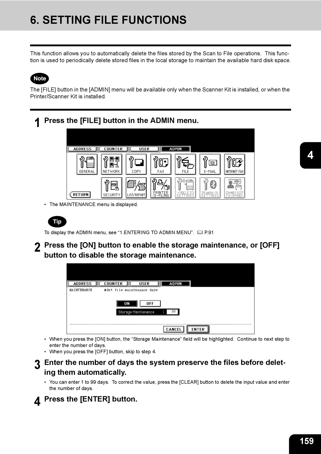 Toshiba 723, 520, 600, 603 manual Setting File Functions, 159, Press the File button in the Admin menu 