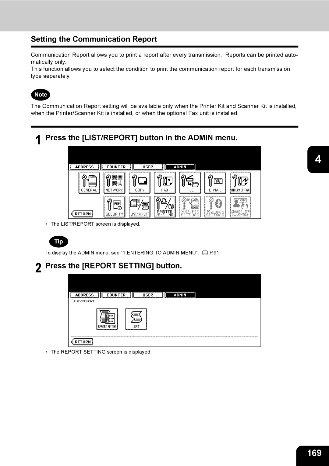 Toshiba 603, 520, 723, 600 manual 169, Setting the Communication Report 