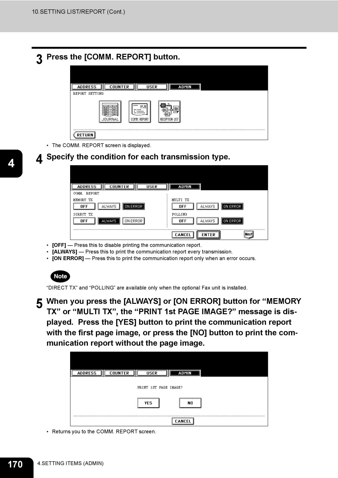 Toshiba 520, 723, 600, 603 manual 170, Press the COMM. Report button, Specify the condition for each transmission type 