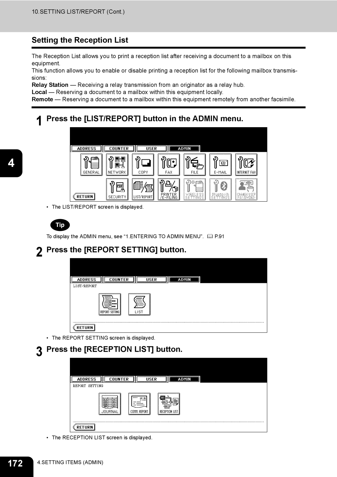 Toshiba 600, 520, 723, 603 manual 172, Setting the Reception List, Press the Reception List button 